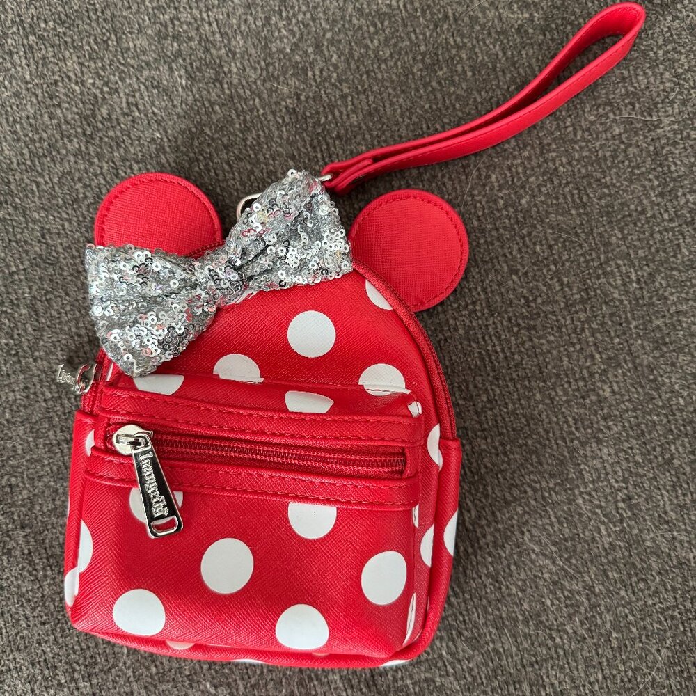 Loungefly Disney Parks Minnie Polka Dot Silver Sequin Bow Backpack Wristlet